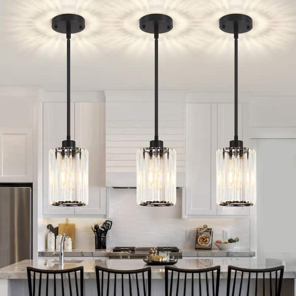 1-Light Black Modern Pendant Light with Crystal Glass Shades and Adjustable Height (3-Pieces)