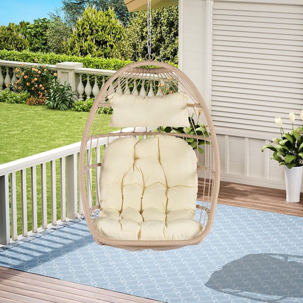 Unbranded Outdoor Garden Rattan Wood Egg Swing Chair Hanging Chair With Beige Cushion
