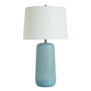 Galey 30 in. Coastal Sky Blue Table Lamp with White Rayon, Polyester Shade
