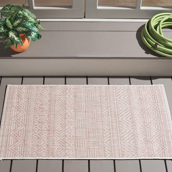 Courtyard Ivory/Pink 2 ft. x 4 ft. Striped Tribal Chevron Indoor/Outdoor Area Rug
