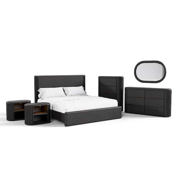 Eastbrook 6-Piece Modern Black Acacia Wood King Bedroom Set with Motion Night Light Nightstands