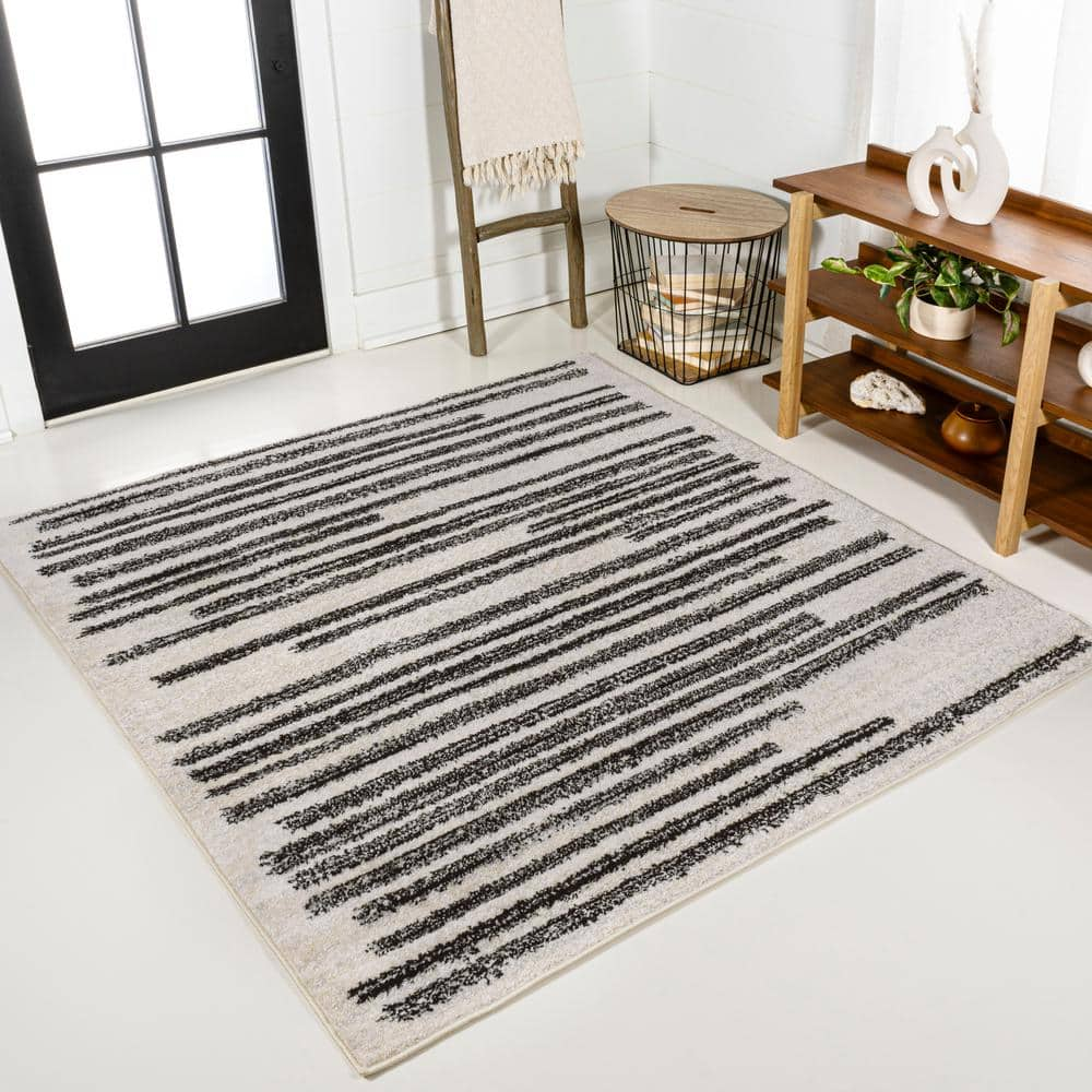 Khalil Modern Berber Stripe Cream/Black 6  Square Area Rug