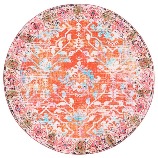 SAFAVIEH Riviera Orange/Light Blue 7 ft. x 7 ft. Machine Washable Floral Geometric Round Area Rug