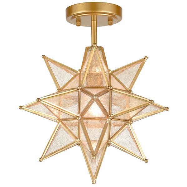 CLAXY 13 in. 1-Light Gold Modern Semi-Flush Mount with Seeded Glass Shade and No Bulbs Included 1-Pack