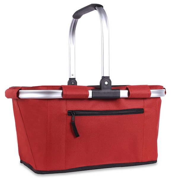 Ruby Red Aluminum Collapsible Picnic Basket with Zippered Pocket for Grocery Shopping and Travel Storage