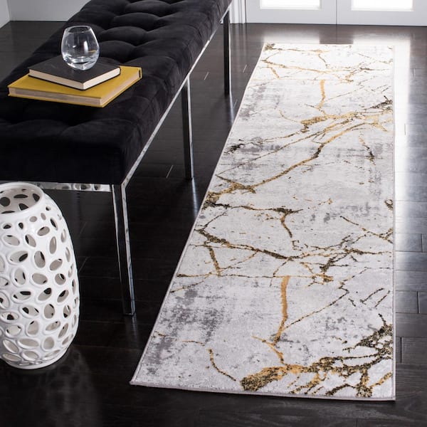 Amelia Gray/Gold 2 ft. x 16 ft. Abstract Distressed Runner Rug