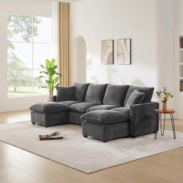 J&E Home 110 in. Square Arm Chenille 6-Piece 6-Seater Modular Freely Combinable Sectional Sofa With Ottoman in Gray