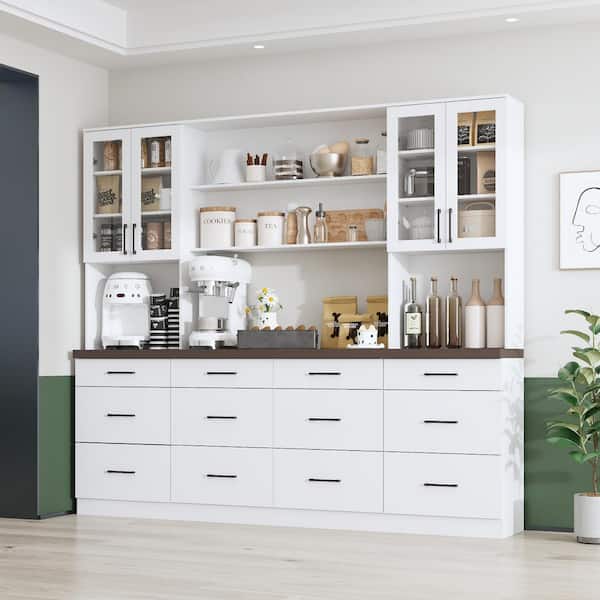 White Wood 94.5 in. W x 82.7 in. H Food Pantry Cabinet W/ 12-Drawer, 6-Open Shelve, Walnut Color Thickened Tabletop