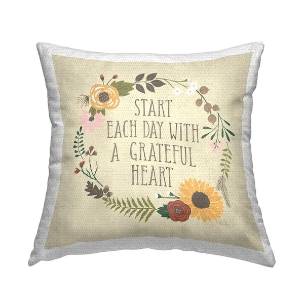Stupell Industries Grateful Heart Botanical Bordered Phrase Tan Square Outdoor Throw Pillow