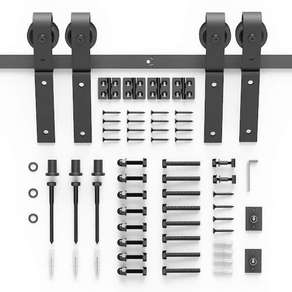 Boyel Living 4 ft./48 in. Black Double Bi-Fold Sliding Barn Door Track and Hardware Kit with J-Shape Hanger for Four Doors