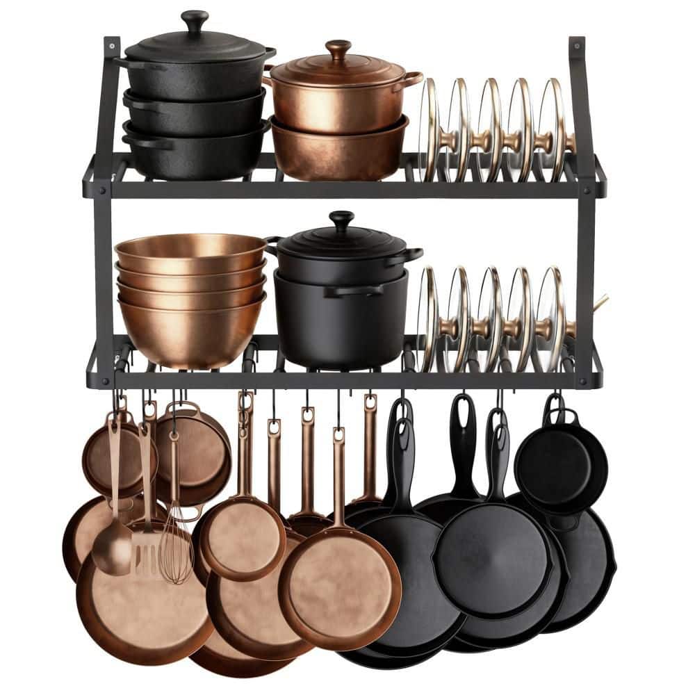 34 in. Wall Mounted Pot Rack with 20 Hooks, 150 lb Capacity with Lid Holder, Matte Black price history on PriceWatchPro