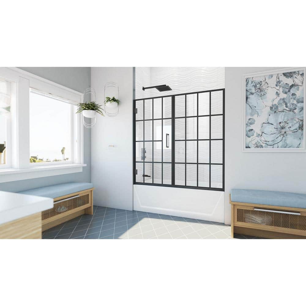 Toulon 58" Satin Black Frameless Hinged Tub Door