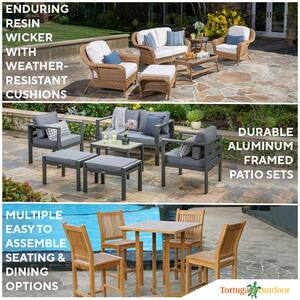 Portside 5-Piece White Wicker Outdoor Dining Set with Eastbay Pompeii Cushions (Wicker Chair and Dining Table Bundle)
