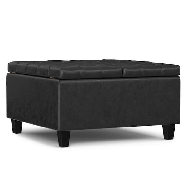 Simpli Home Harrison 30 in. Square Small Coffee Table Storage Ottoman in Distressed Black Vegan Faux Leather, Assembled