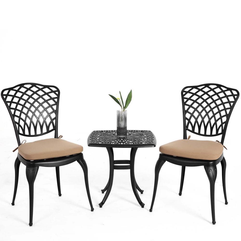 Black 3-Piece Rust-Resistant Cast Aluminum Outdoor Bistro Set Patio Square 