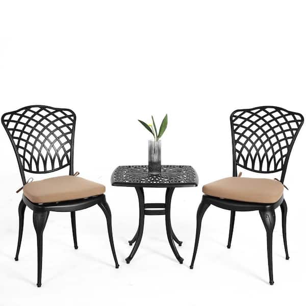 Unbranded Black 3-Piece Rust-Resistant Cast Aluminum Outdoor Bistro Set Patio Square Bistro Table Chair Set with Brown Cushions