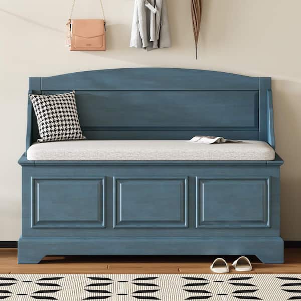 Qualler Antique Navy Shoe Bench with Cushion and Hidden Storage Space