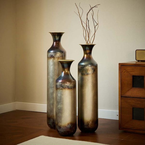 20 in./24 in./28 in. 3-Piece Gold Metal Cylinder Shaped Floor Vase Gorgeous Home Decoration Large Glazed Metal Vase LFP290476