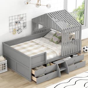 Gray Wood Frame Full Size House-Shaped Low Loft Bed with 4-Drawer and Stairs