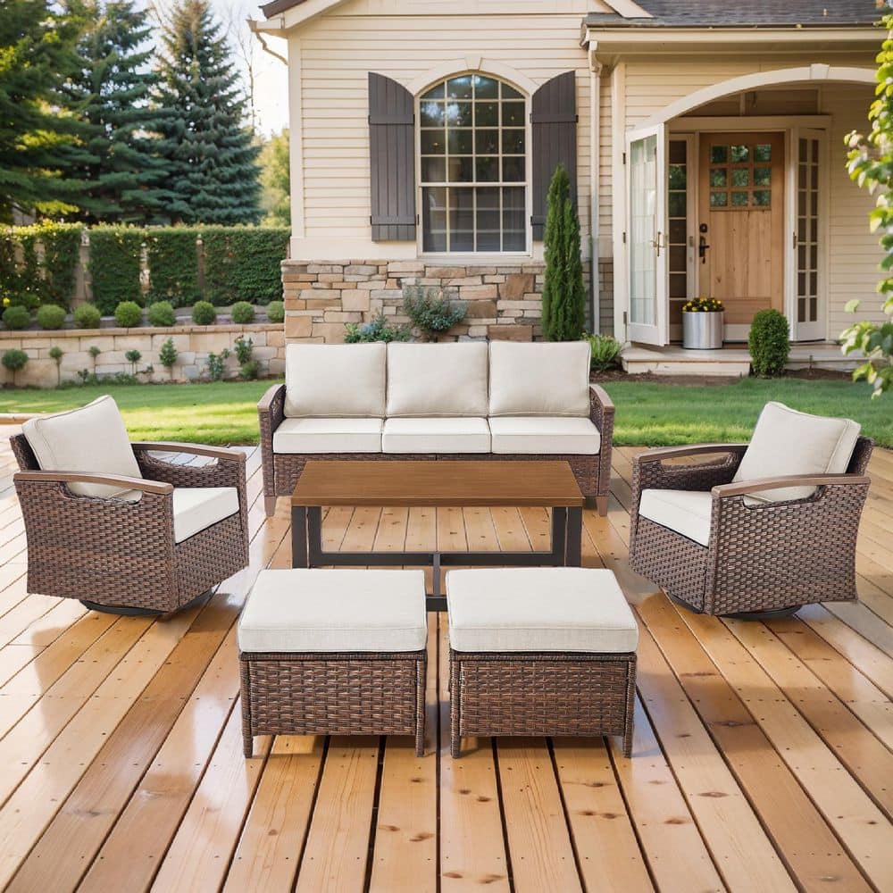 Gymojoy Kelsey Beige 6-Piece Brown Wicker Patio Conversation