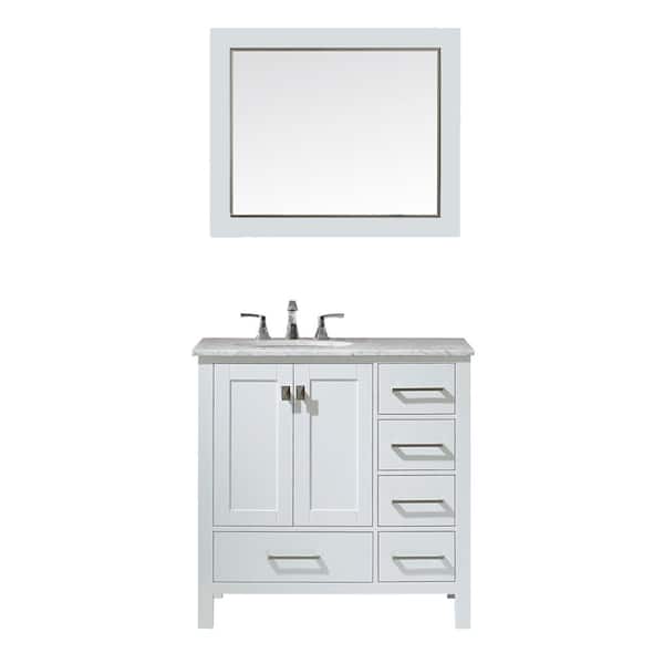 ROSWELL Gela 36 in. W x 22 in. D Bath Vanity in White with Marble Vanity Top in White with White Basin, Faucet and Mirror