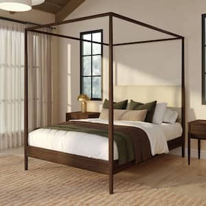 Harbor Dark Brown Wood Frame Full Canopy Bed with Upholstered Headboard