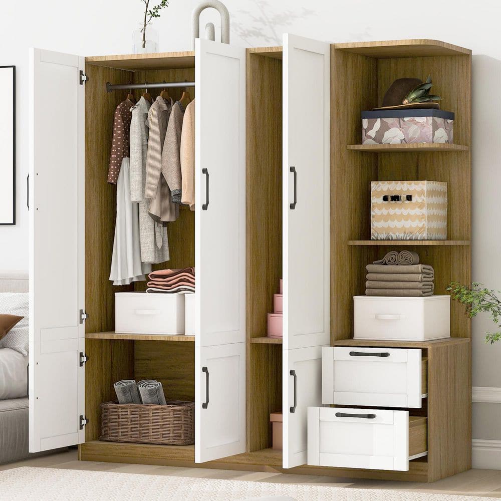 White 62.9 in. 3-Door Storage Wardrobe Armoire with Dual Hanging Rods, Shelves, 2 Drawers