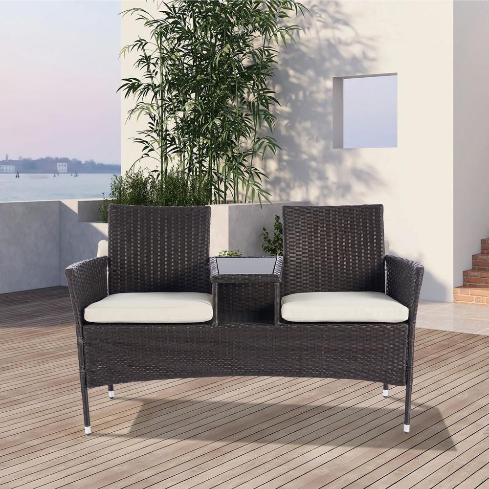 Tunearary Brown Outdoor Rattan Double Chair with Table and Beige ...
