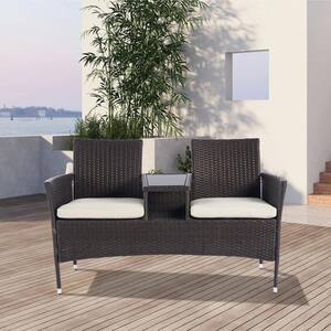 Brown Outdoor Rattan Double Chair with Table and Beige Cushion