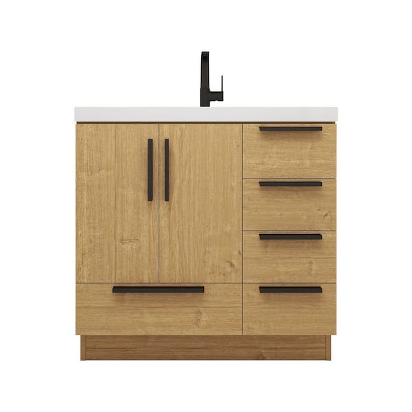 Carla 36 in. W x 20 in. D x 35 in. H Single Sink Freestanding Bath Vanity in Teak Oak with White Acrylic Top