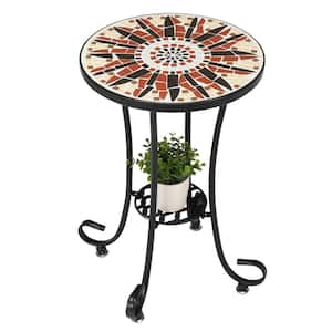 14 in. Round Side End Table Plant Stand Black Metal Frame Mosaic Accent Table, Brown Flower