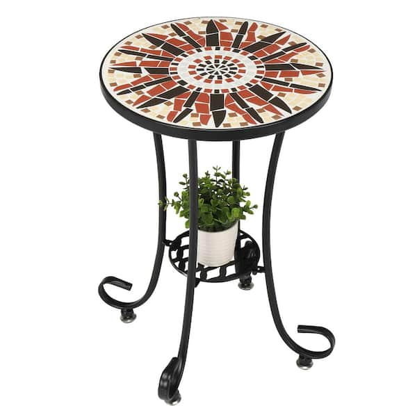 VINGLI 14 in. Round Side End Table Plant Stand Black Metal Frame Mosaic Accent Table, Brown Flower