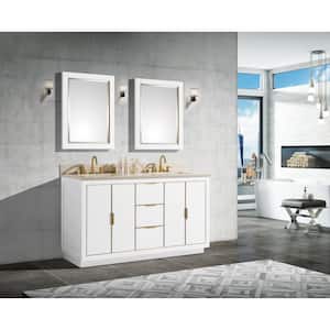 Austen 61 in. W x 22 in. D Bath Vanity in White with Gold Trim with Marble Vanity Top in Crema Marfil with White Basins