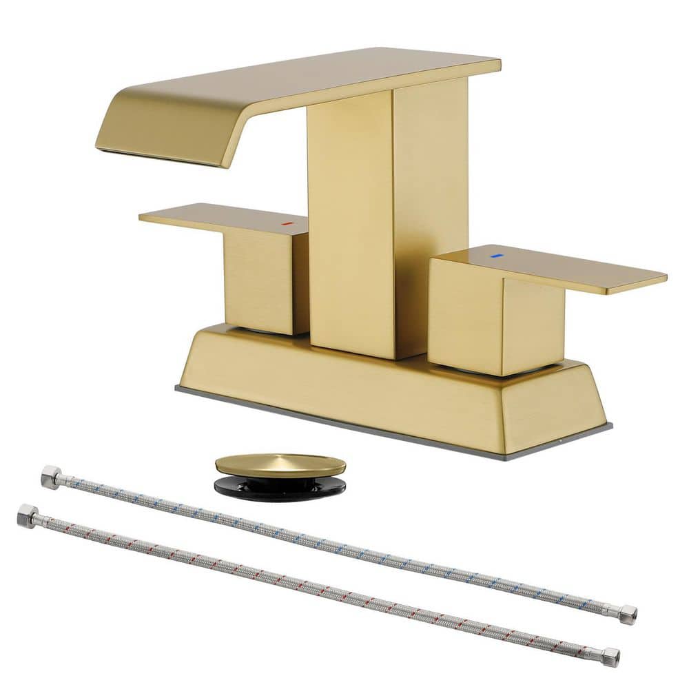 4 in. Centerset Double Handle Waterfall Bathroom Faucet with Drain Kit, Two