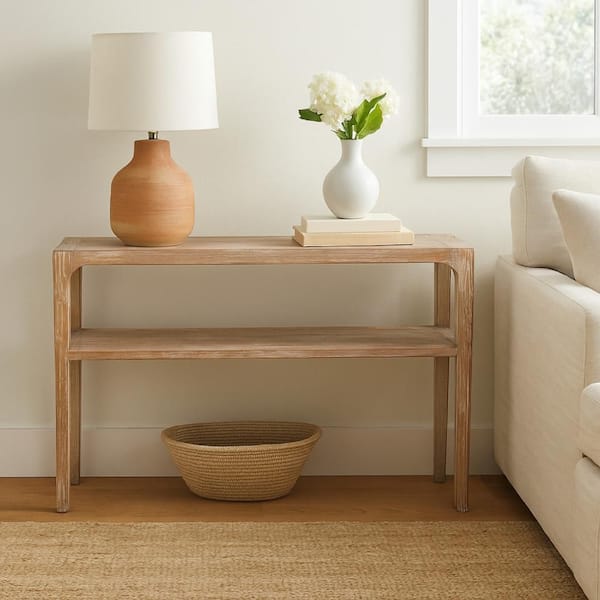 Tuley 12 in. Natural Gray Rectangle Pine Wood Sofa Console Table with Storage Shelf