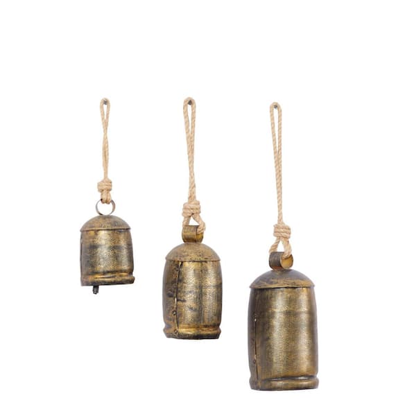 DecMode Gold Metal Tibetan Inspired Decorative Hanging Bell Chime Set of 3  5, 4, 3H, Features a Round Shape with Solid Pattern and Metal Clappers