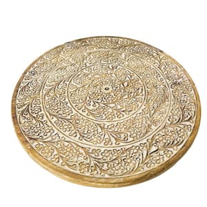 Brown Round Mango Wood Decorative Carved Turntable Lazy Susan with Filigree Engraving