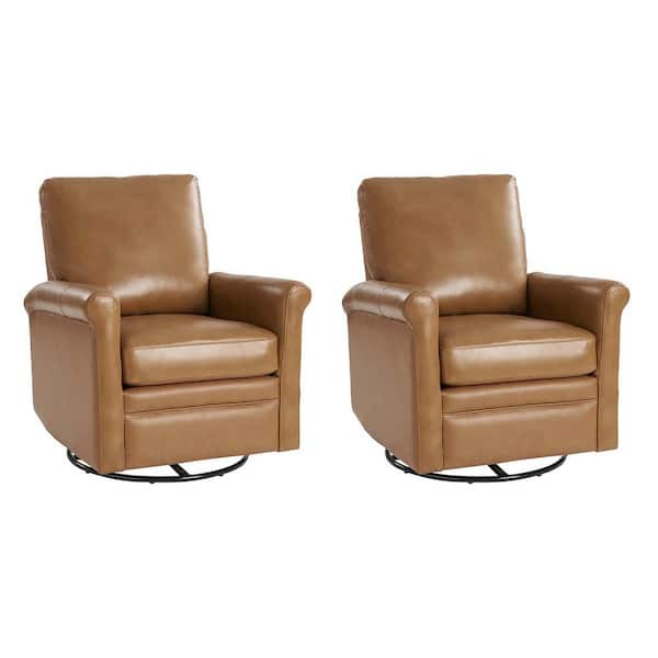 JAYDEN CREATION Pablo Camel Modern Genuine Leather Swivel Rocker Chair Set of 2
