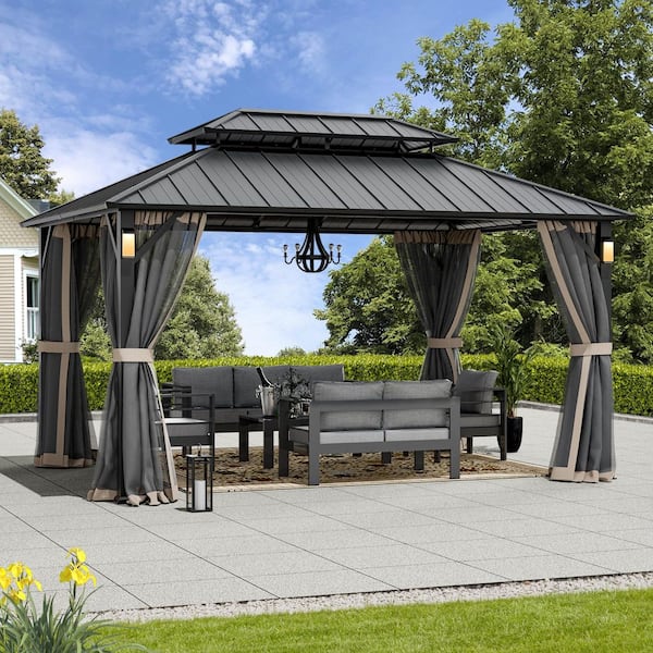 COVERED OUTDOOR OUTDOOR LIVING SPACES Ultra Series 10 ft. x 14 ft. Permanent Hardtop Gazebo With Solar LED Lights, Mosquito Nettings, Black