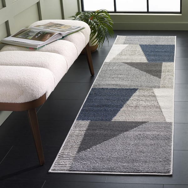 Pyramid 2 ft. x 8 ft. Ivory/Gray Navy Geometric Striped Abstract Runner Rug