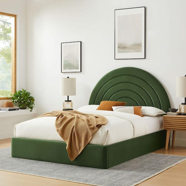 MODWAY Solana Green Wood Frame King Platform Bed with Arch-Shaped Headboard
