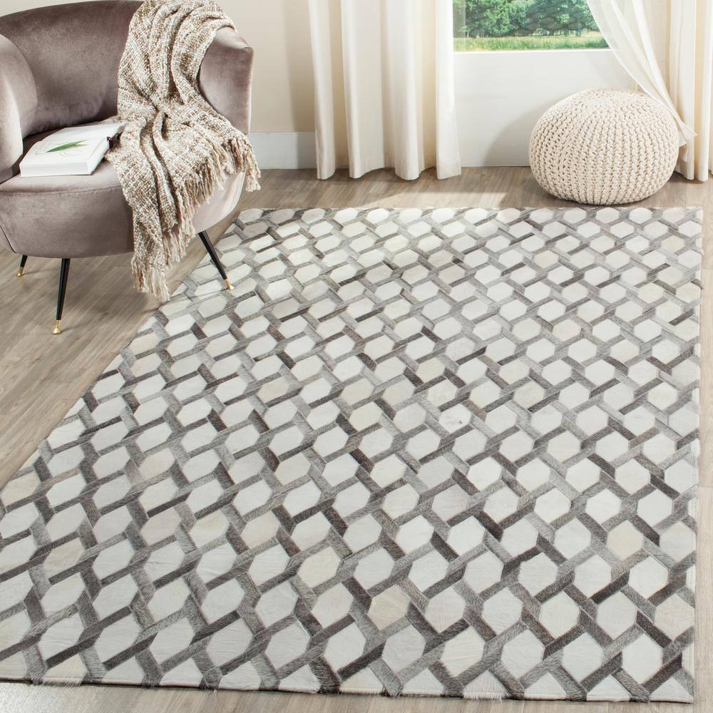 Ivory and Gray Hand-Knotted Geometric Cowhide Area Rug