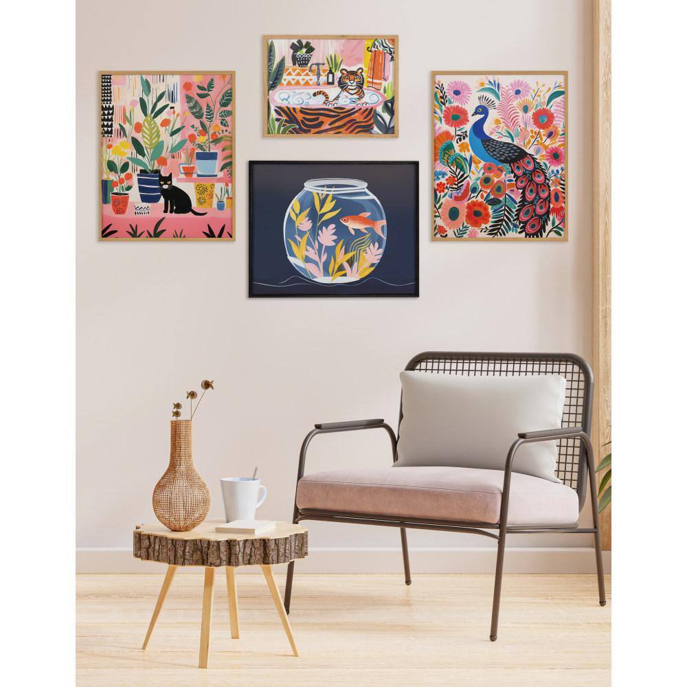 Bright Colorful Boho Peacock and Botanicals Print in Natural Wood Frame