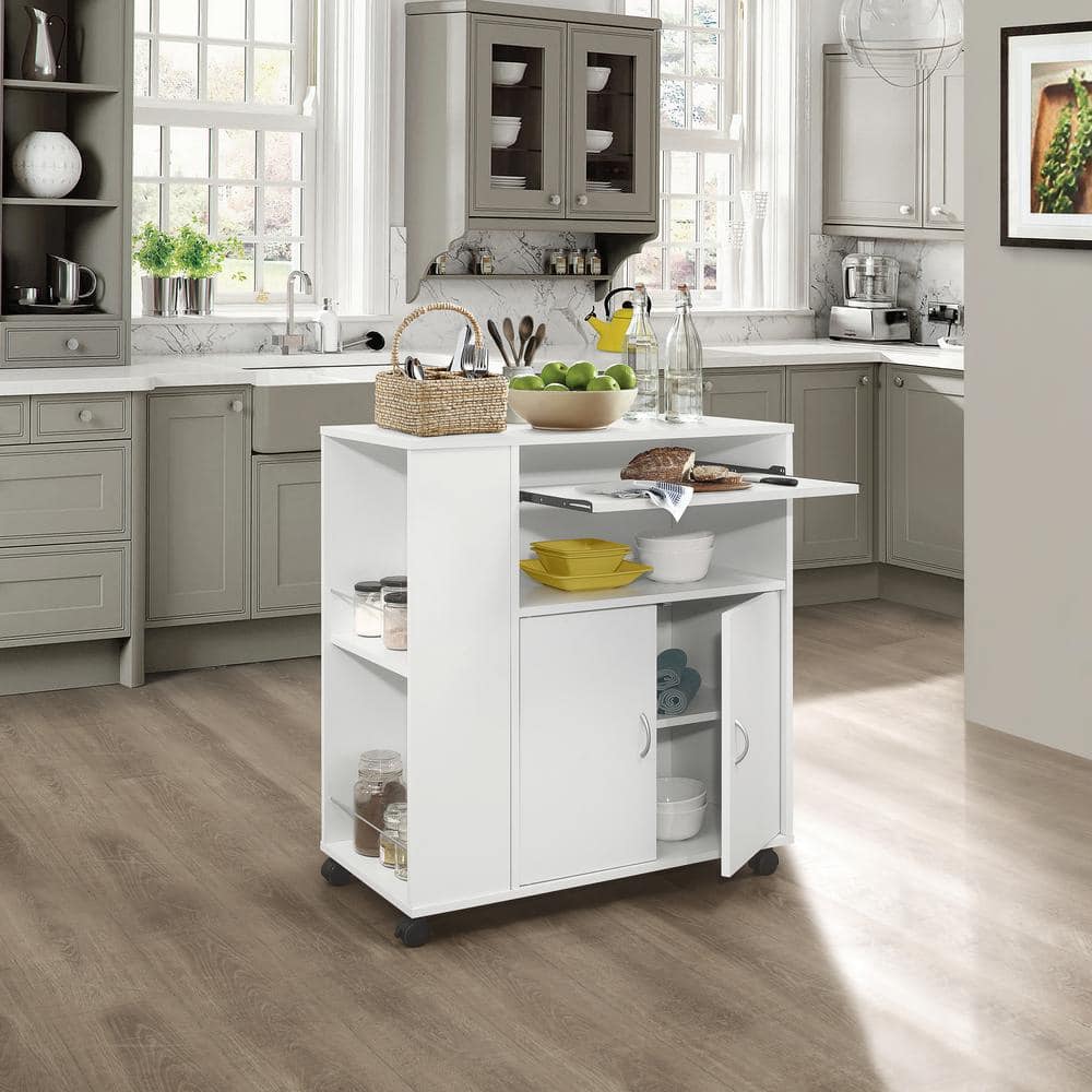 White Laminate Wood Kitchen Cart with Spice Rack and Storage