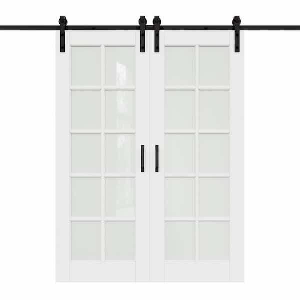 64 in. x 96 in. 10-Lite Tempered Clear Glass White Primed No Assembly Required MDF Sliding Barn Door with Hardware Kit