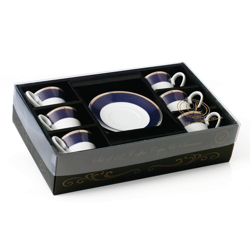 Elegant Blue and Gold Ceramic Espresso Cup and Saucer Set