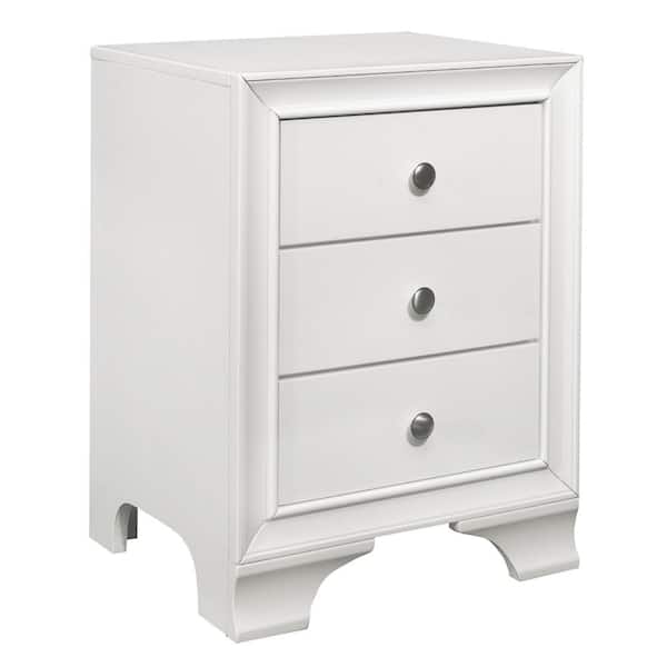 Benjara 19 in. White and Chrome 3-Drawers Wooden Nightstand