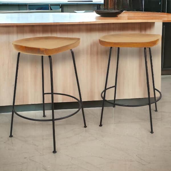 24.5 in. Natural Backless Metal Counter Height Bar Chair with Wood Seat Set of 2
