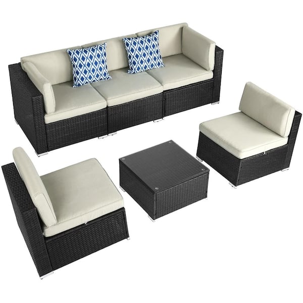 DEXTRUS Black 6-Piece Wicker Outdoor Sectional Sofa Set with Beige Cushions