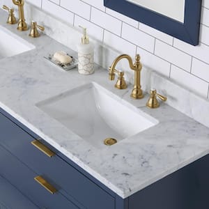 Bristol 72 in. W x 21.5 in. D Vanity in Monarch Blue with Marble Top in White with White Basin, Hook Faucet and Mirrors